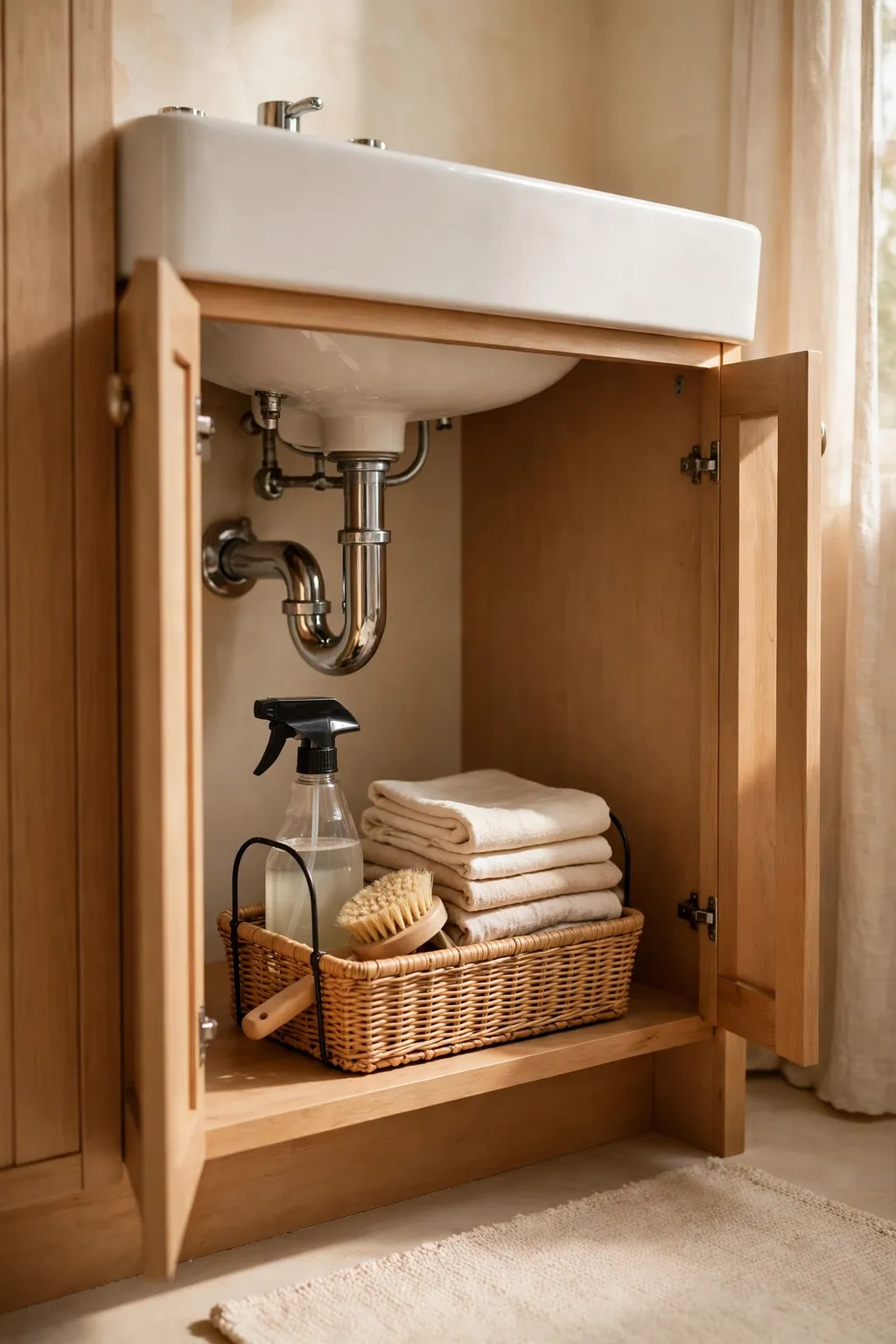 Small cleaning caddy under a bathroom sink holding a spray bottle, cloths and a brush