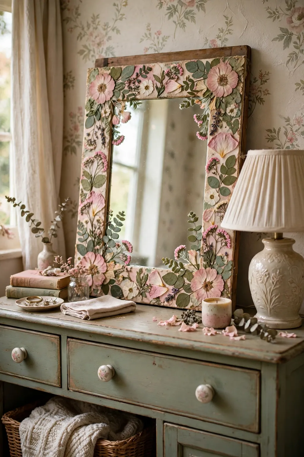 Thrifted mirror with pressed-flower decoupage frame on a cottage dresser