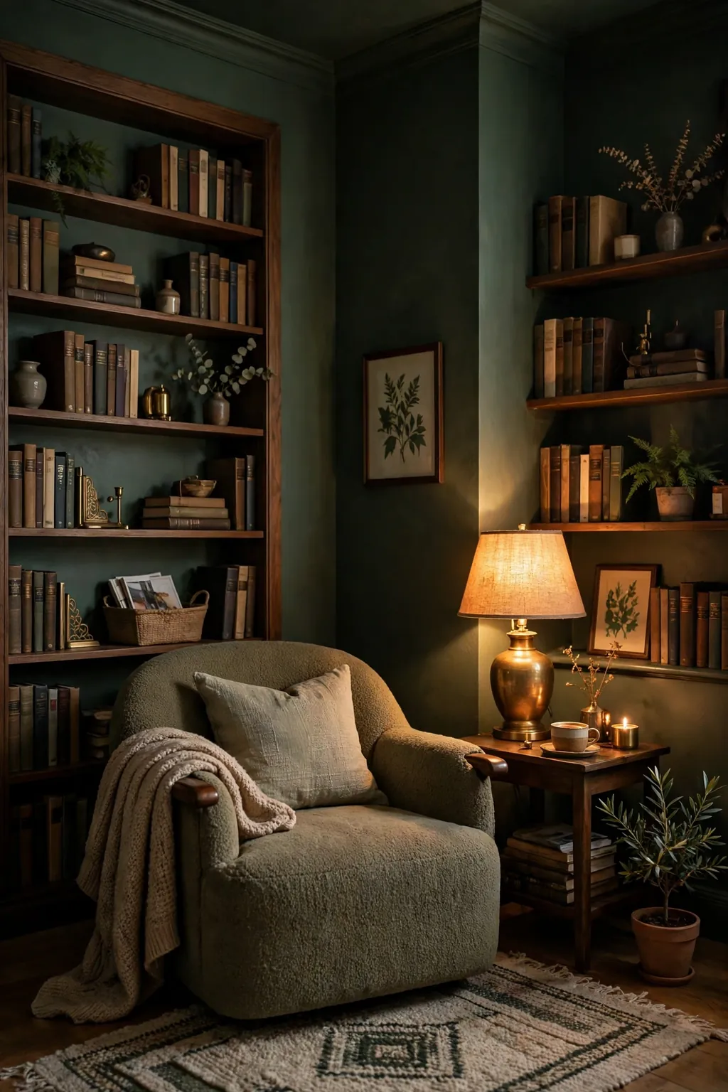 Cozy study with dark forest sage green walls and bookshelves