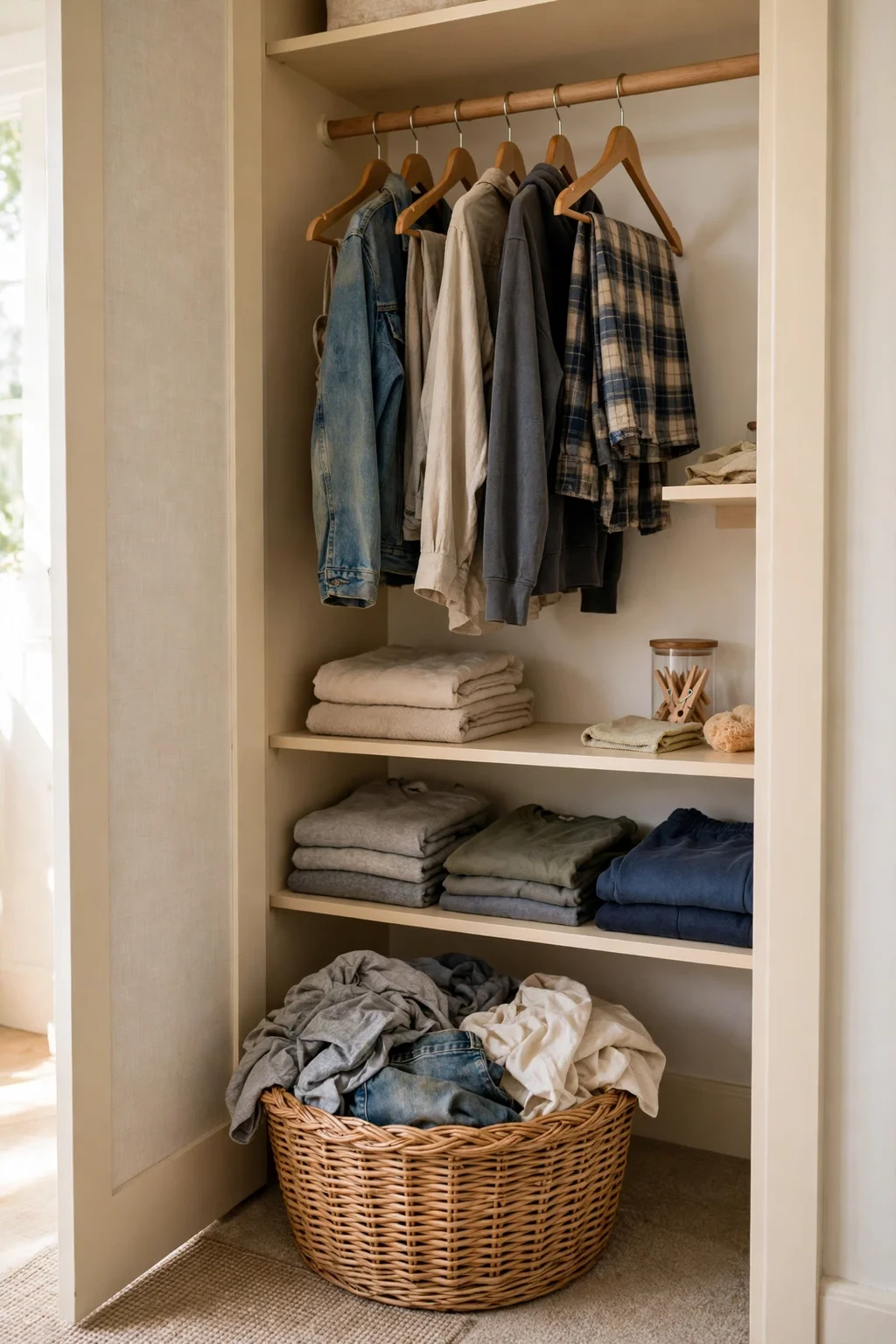 A wicker basket in a small organized closet for laundry and worn clothes