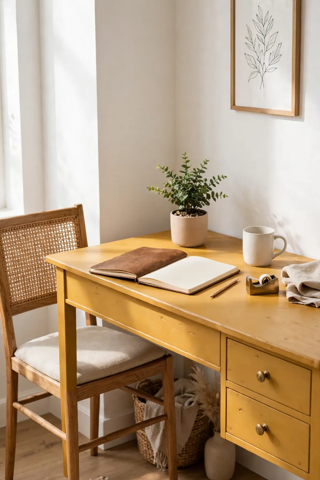 Wooden desk painted warm mustard in a bright home office corner
