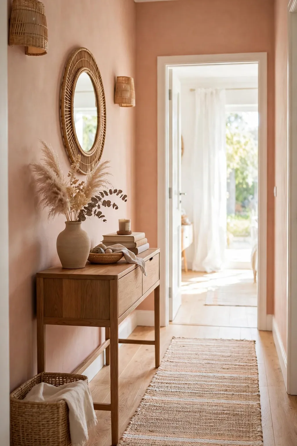 Bright hallway painted pale terracotta with wooden floors and a console table