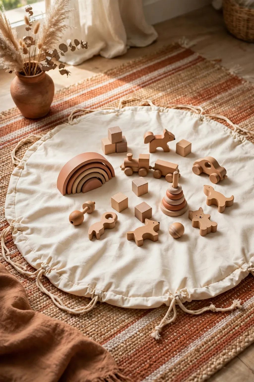Round drawstring play mat with toys on a living room rug, being gathered into a bag