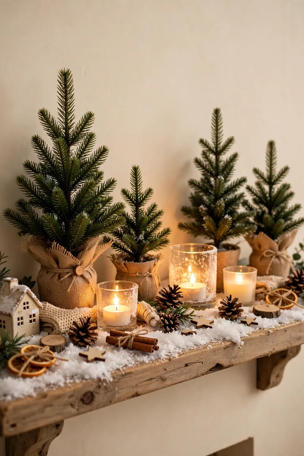 Battery candles and faux snow winter scene on a Christmas mantel