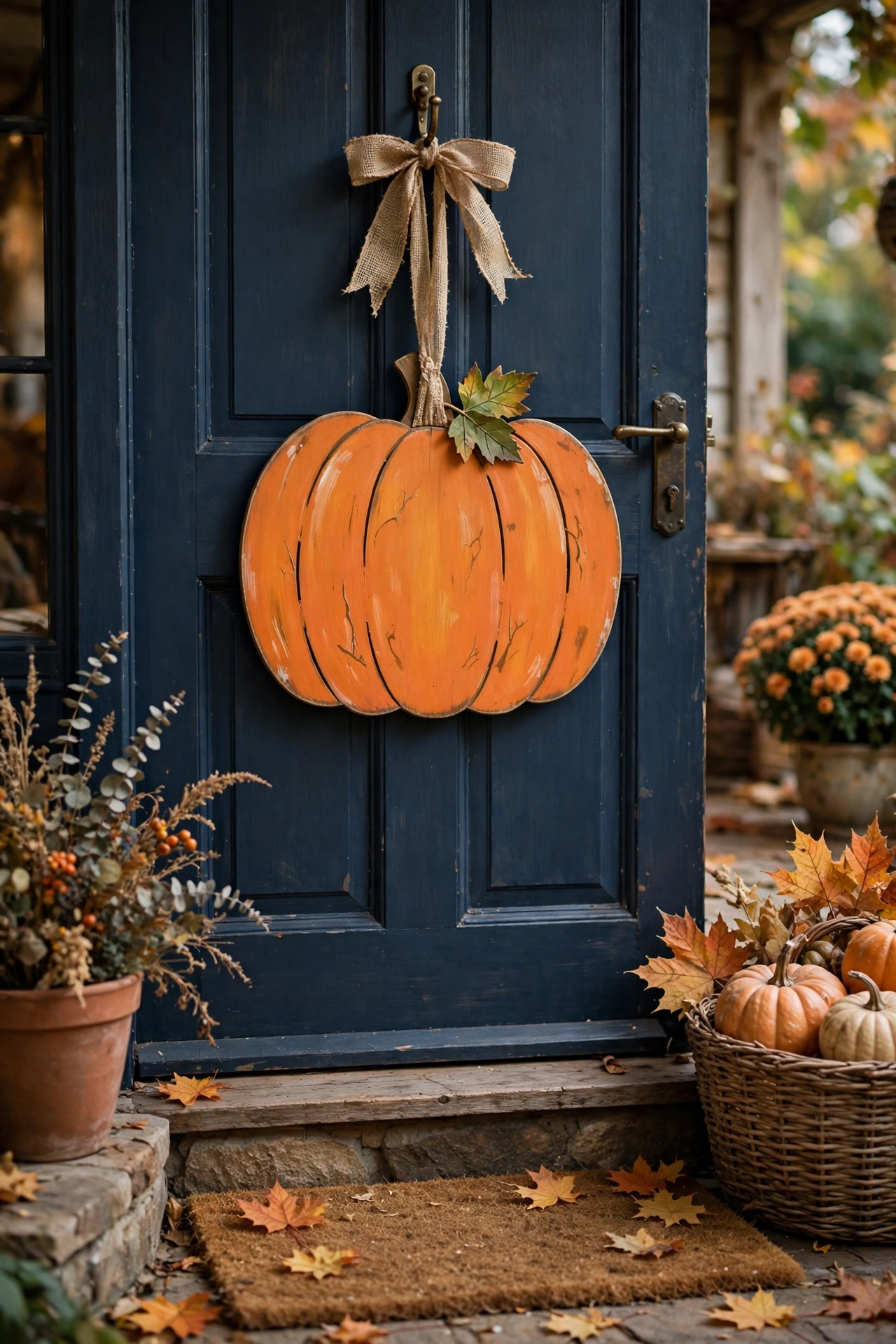 Painted wooden pumpkin door hanger with a ribbon on a front door