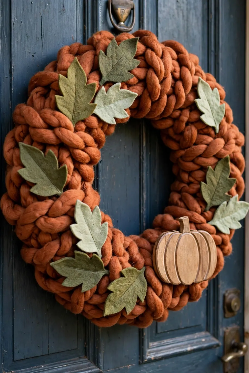 Chunky yarn-wrapped wreath in rust color with felt leaves on a front door
