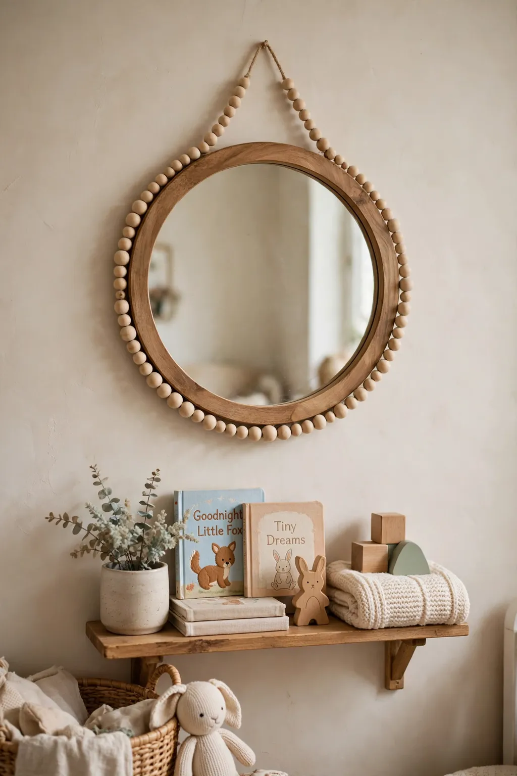 Round thrifted mirror trimmed with a natural wooden bead garland on a nursery wall