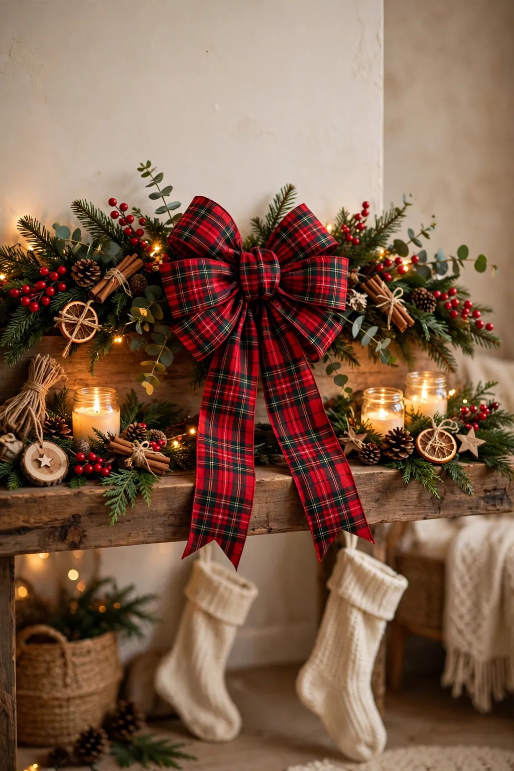 Red berry picks with a plaid ribbon bow on a Christmas mantel