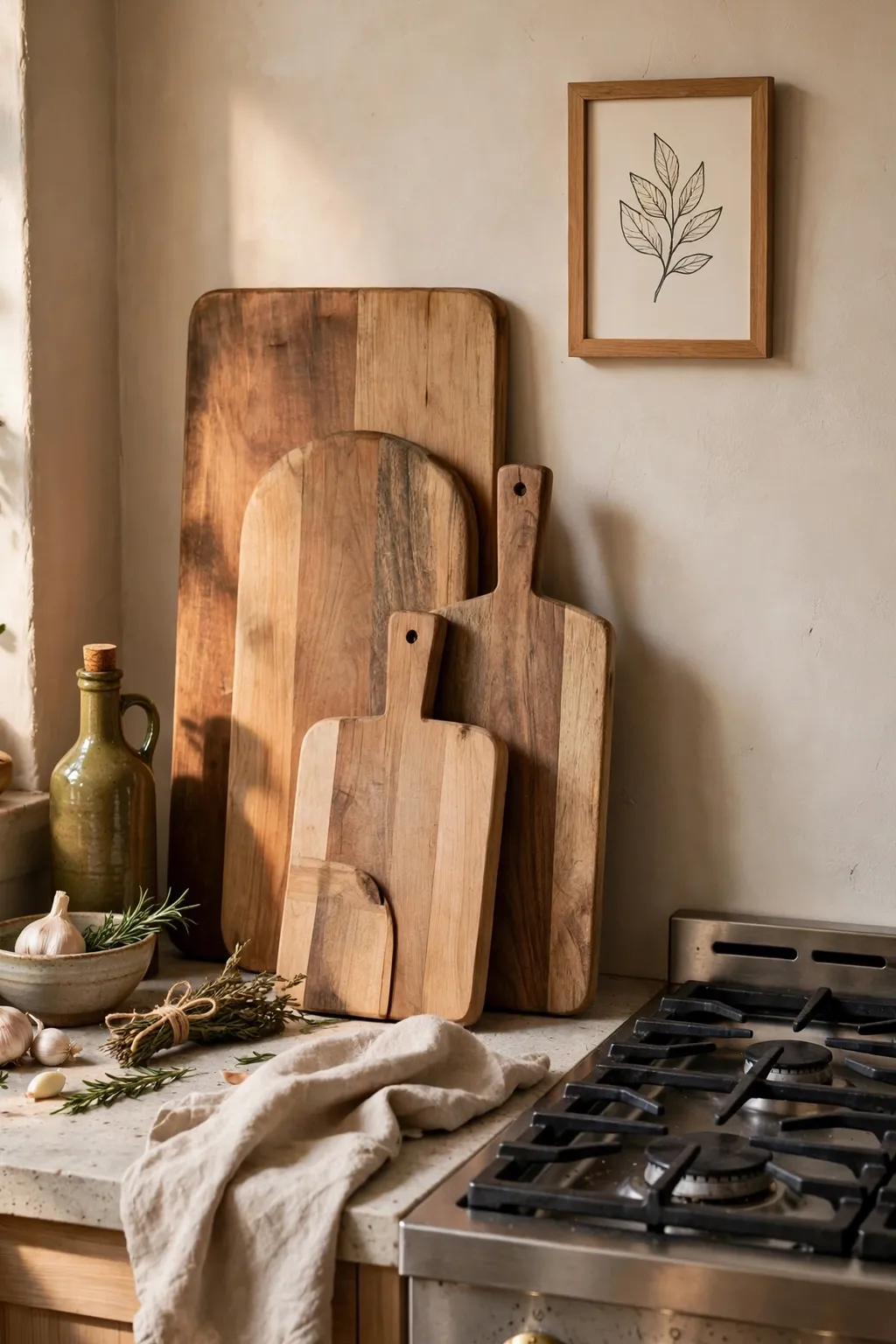 Wooden cutting boards leaning on a cozy kitchen wall beside a stove