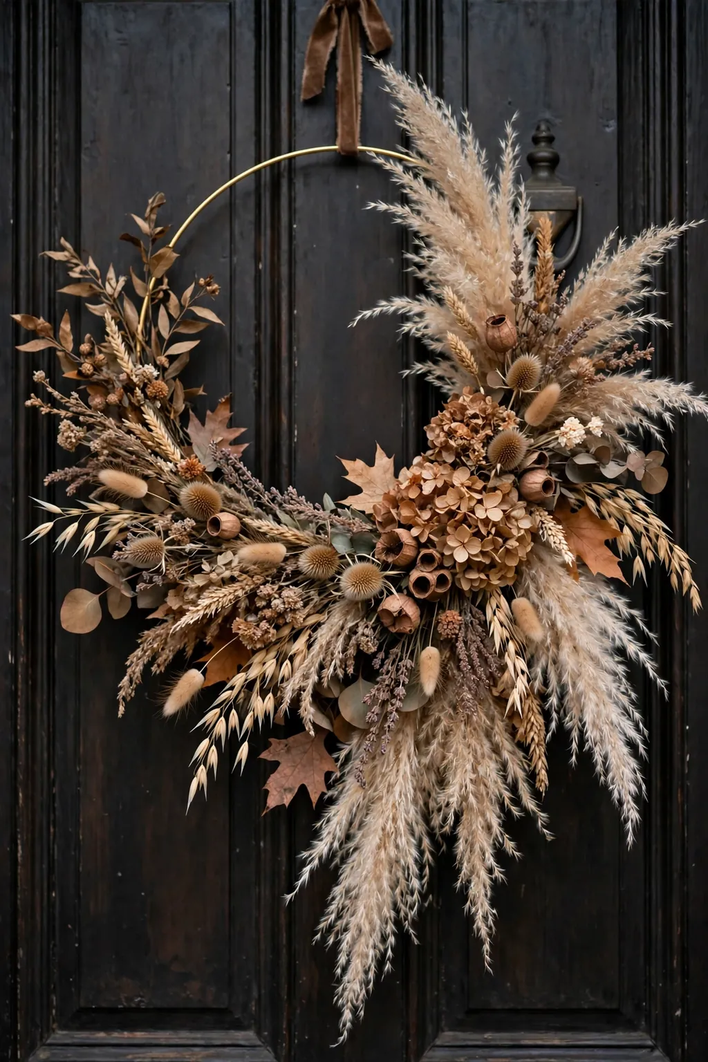 Dried flower and pampas wreath on a gold hoop on a front door