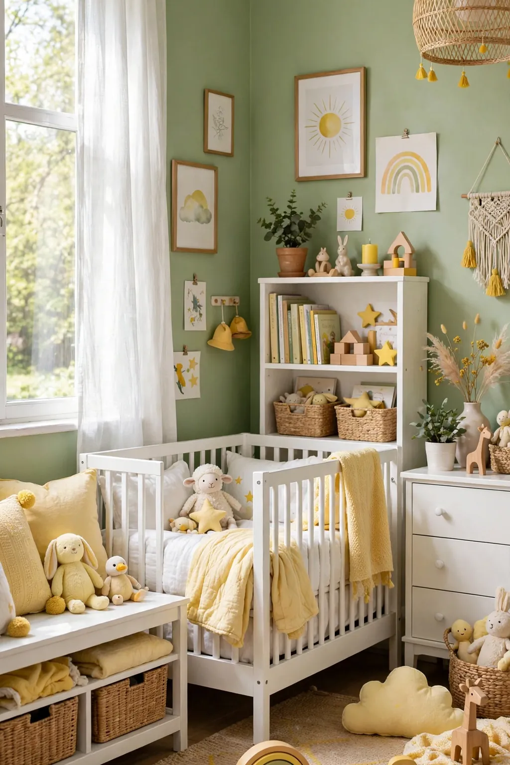 Cheerful kids room with fresh spring sage green walls and white furniture
