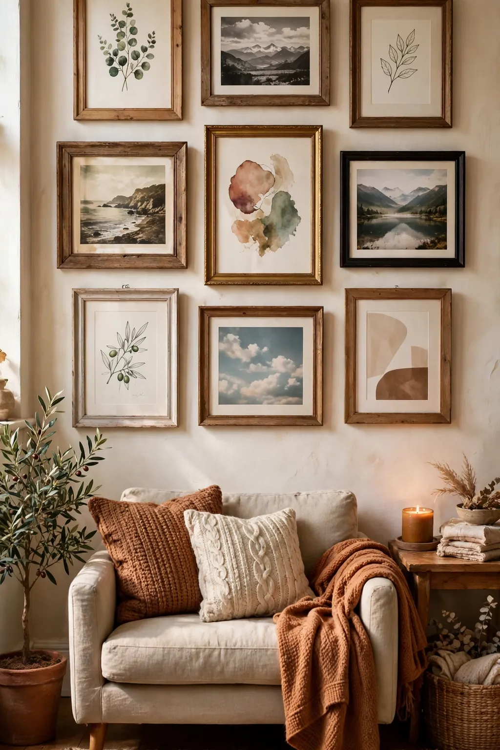 Gallery wall of thrifted frames above a sofa in a small living room