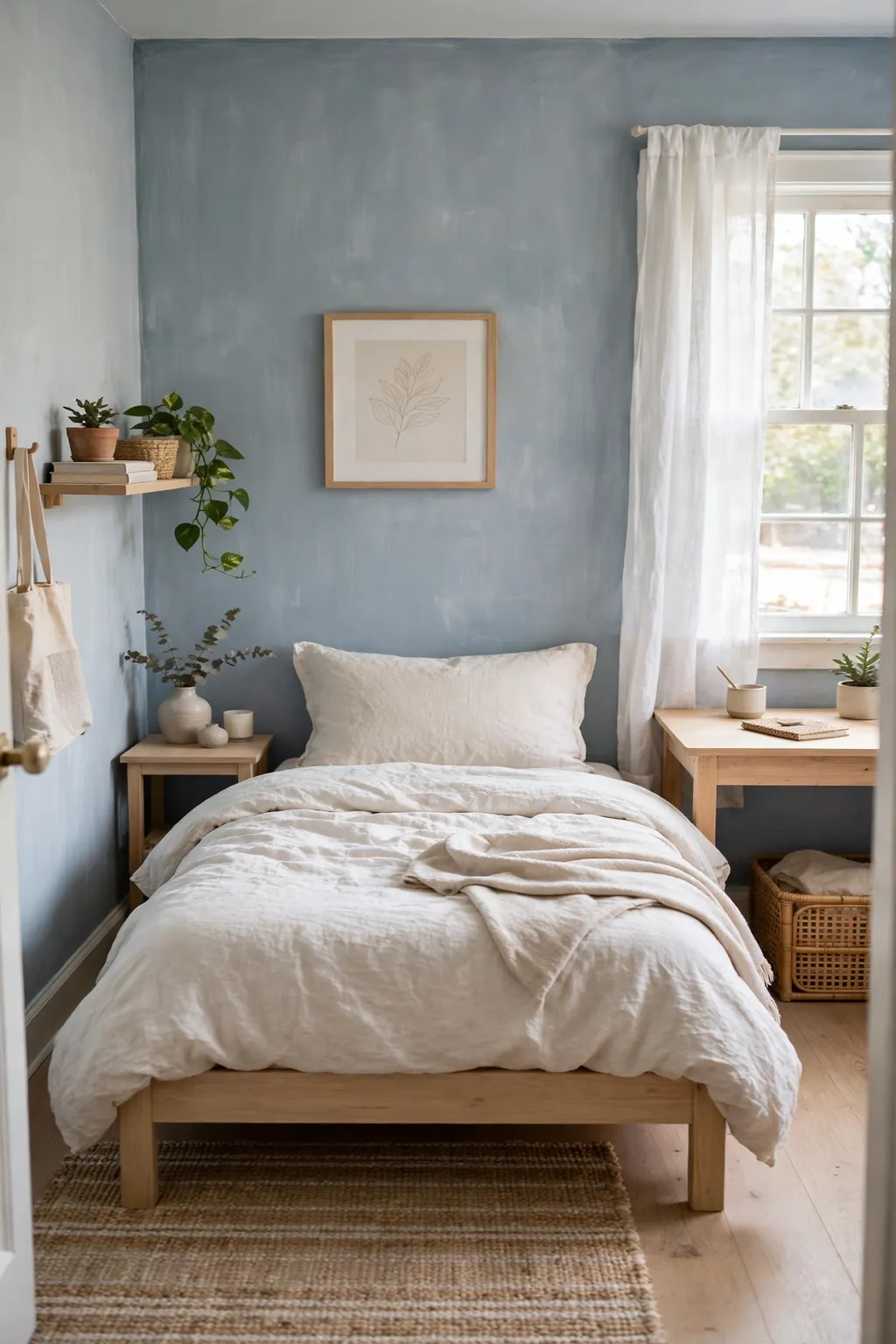 Small bright bedroom with pale navy wash walls and light furniture