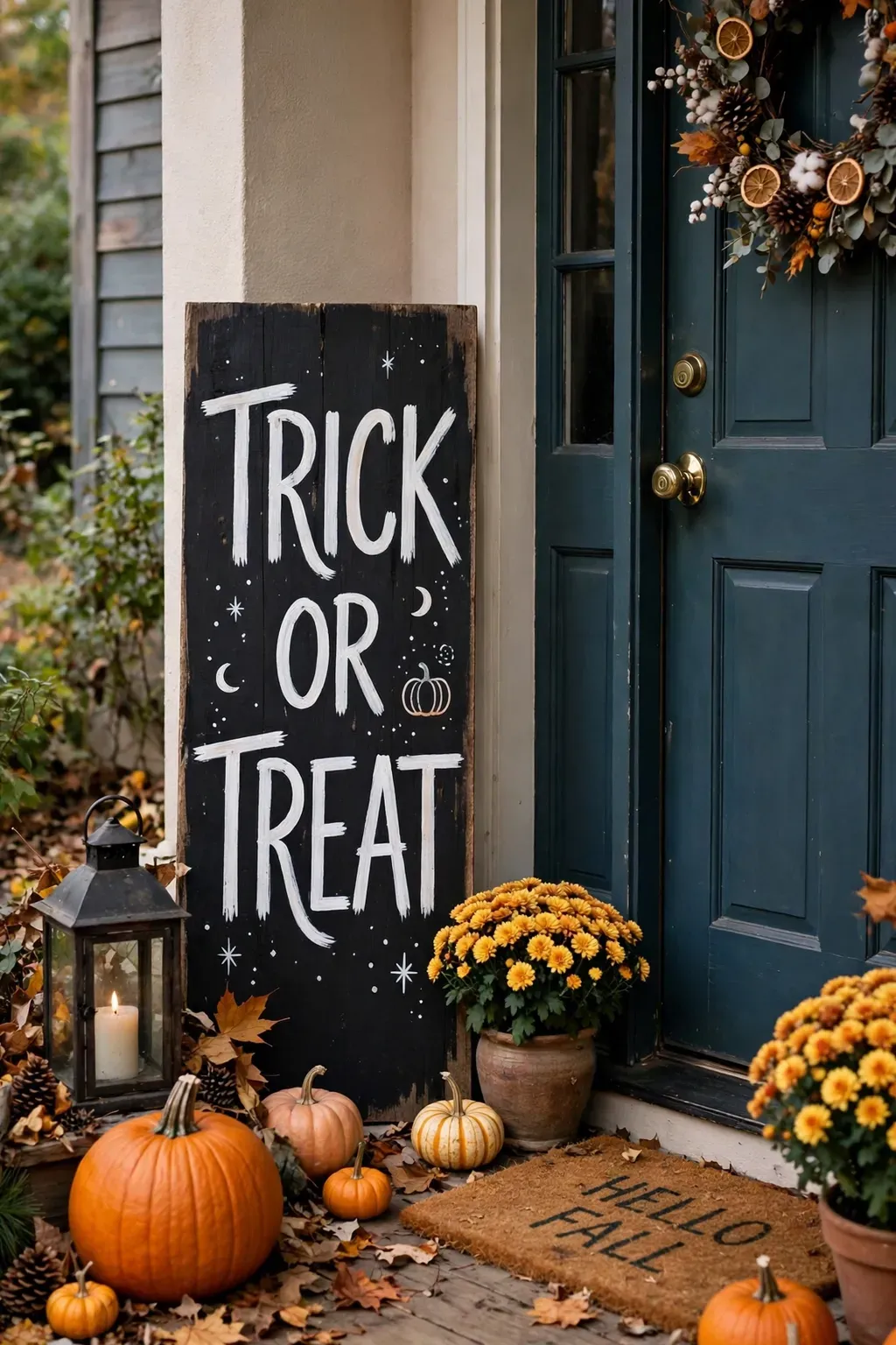 Hand-painted wooden Happy Halloween sign leaning by a front door on a porch