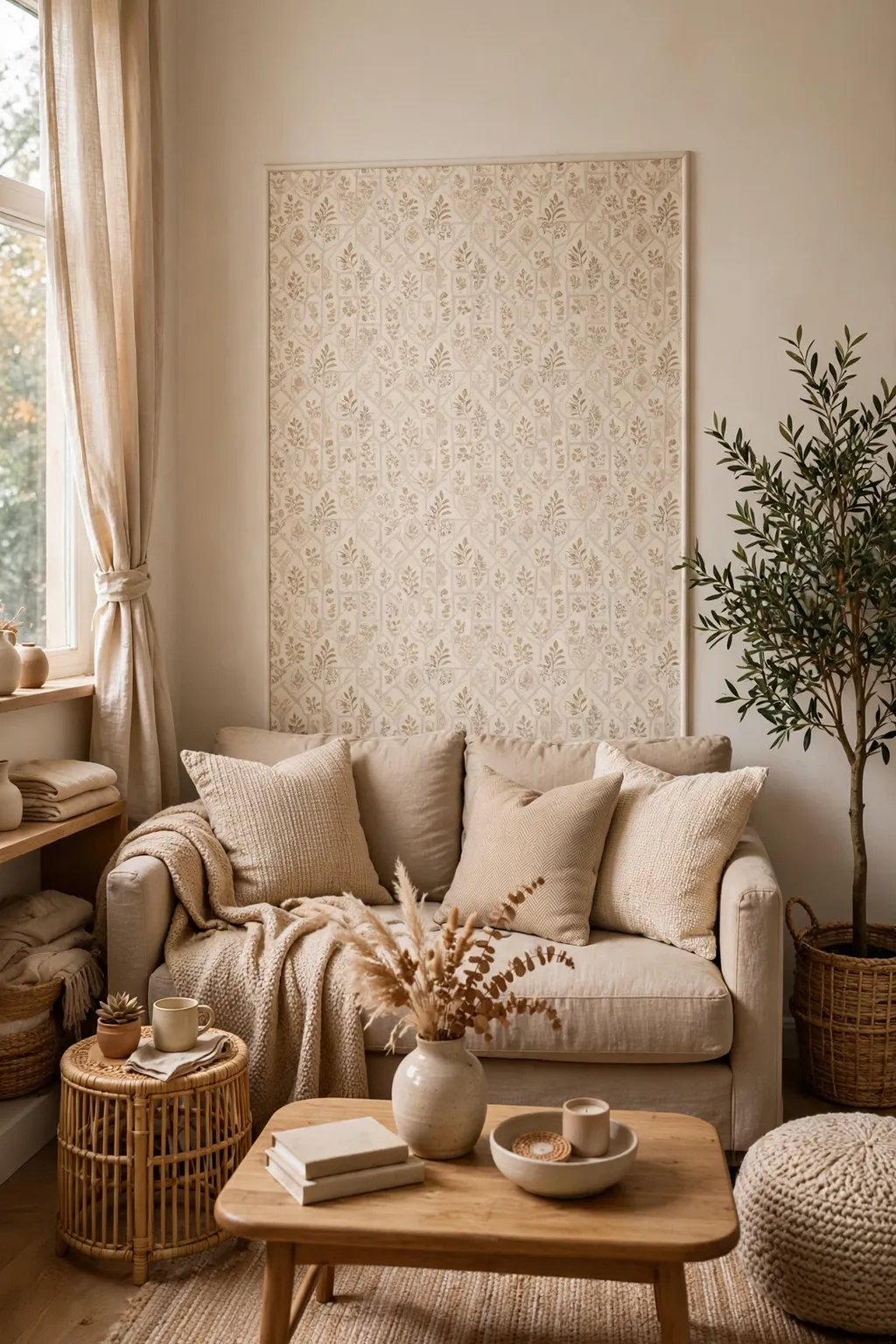 Small living room with a subtle removable wallpaper accent panel behind the sofa