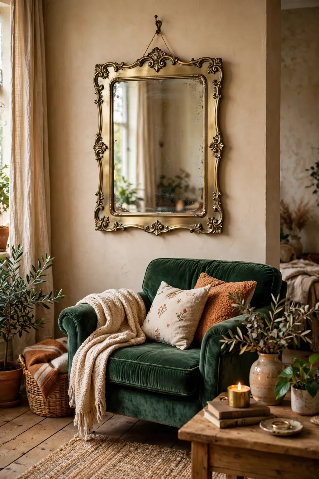 Thrifted vintage mirror updated with brushed brass spray paint on a living room wall