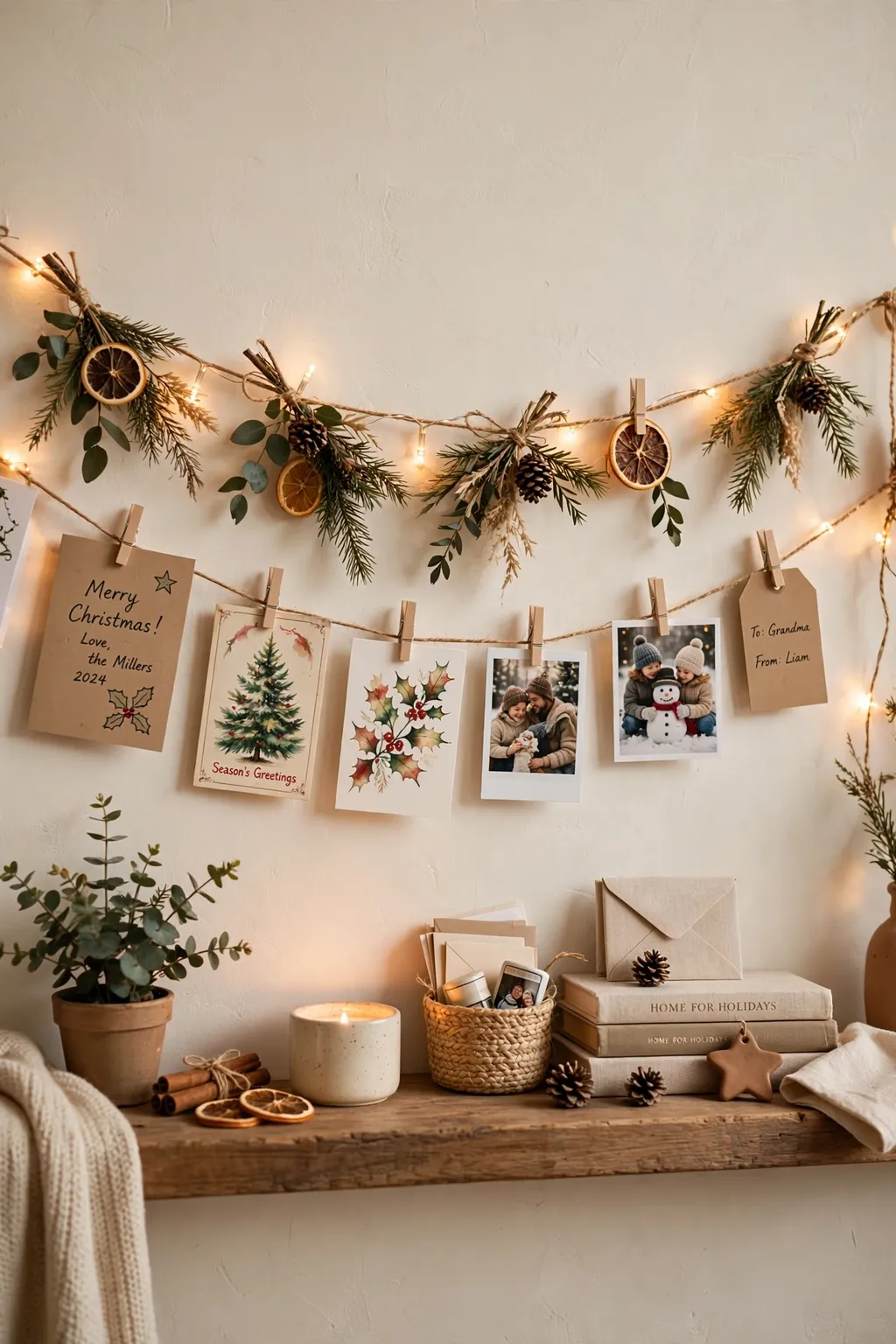 Christmas cards and photos clipped on twine across a mantel