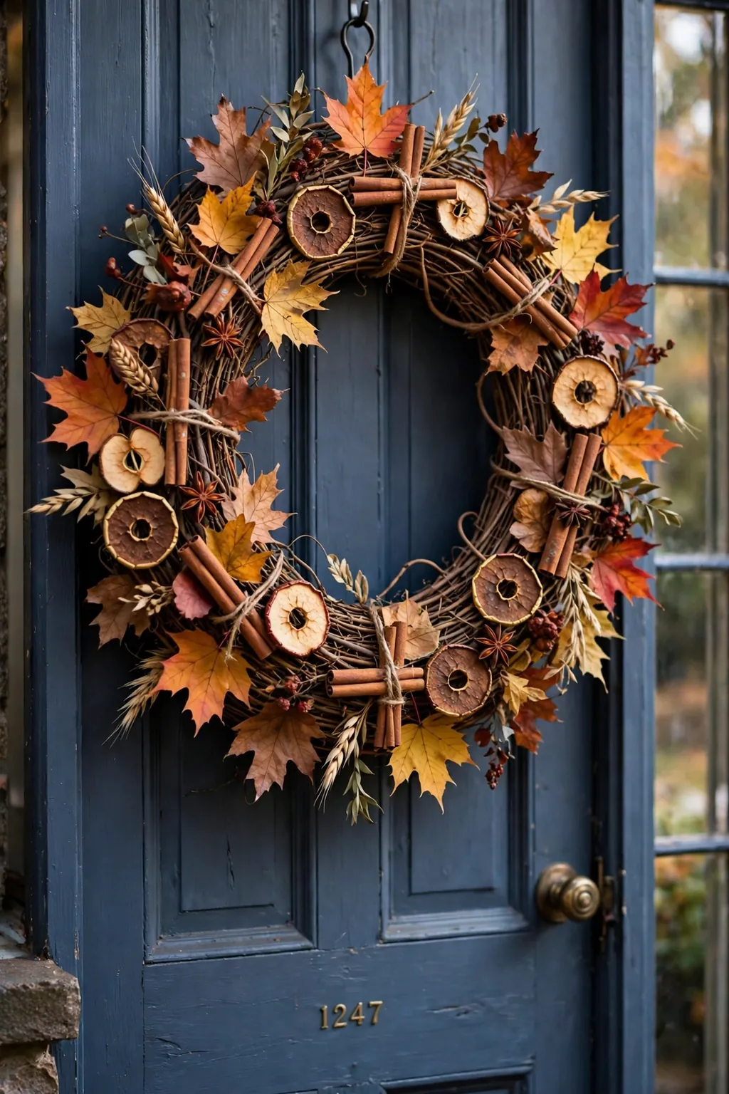 Cinnamon stick and dried apple slice wreath with autumn leaves on a front door