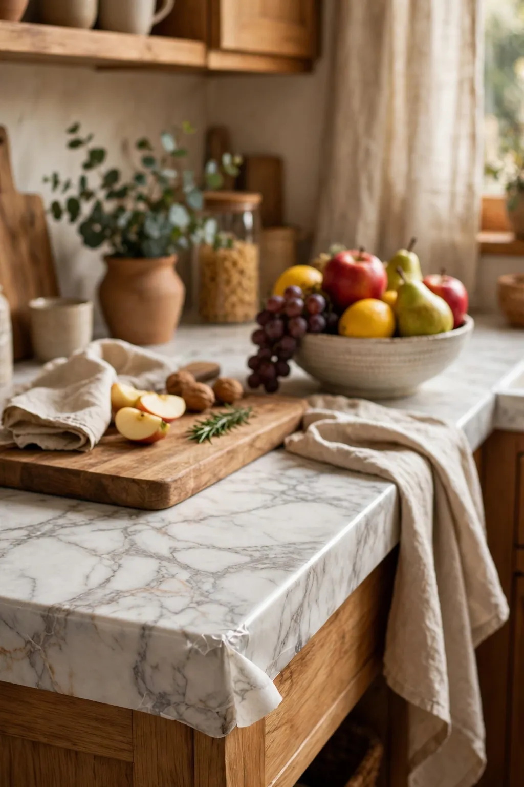 Kitchen countertop refreshed with marble-look contact paper, styled with a wooden board and fruit bowl