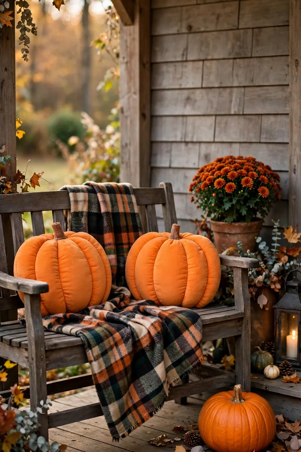 Porch bench with a plaid blanket and pumpkin-shaped pillows beside a pumpkin