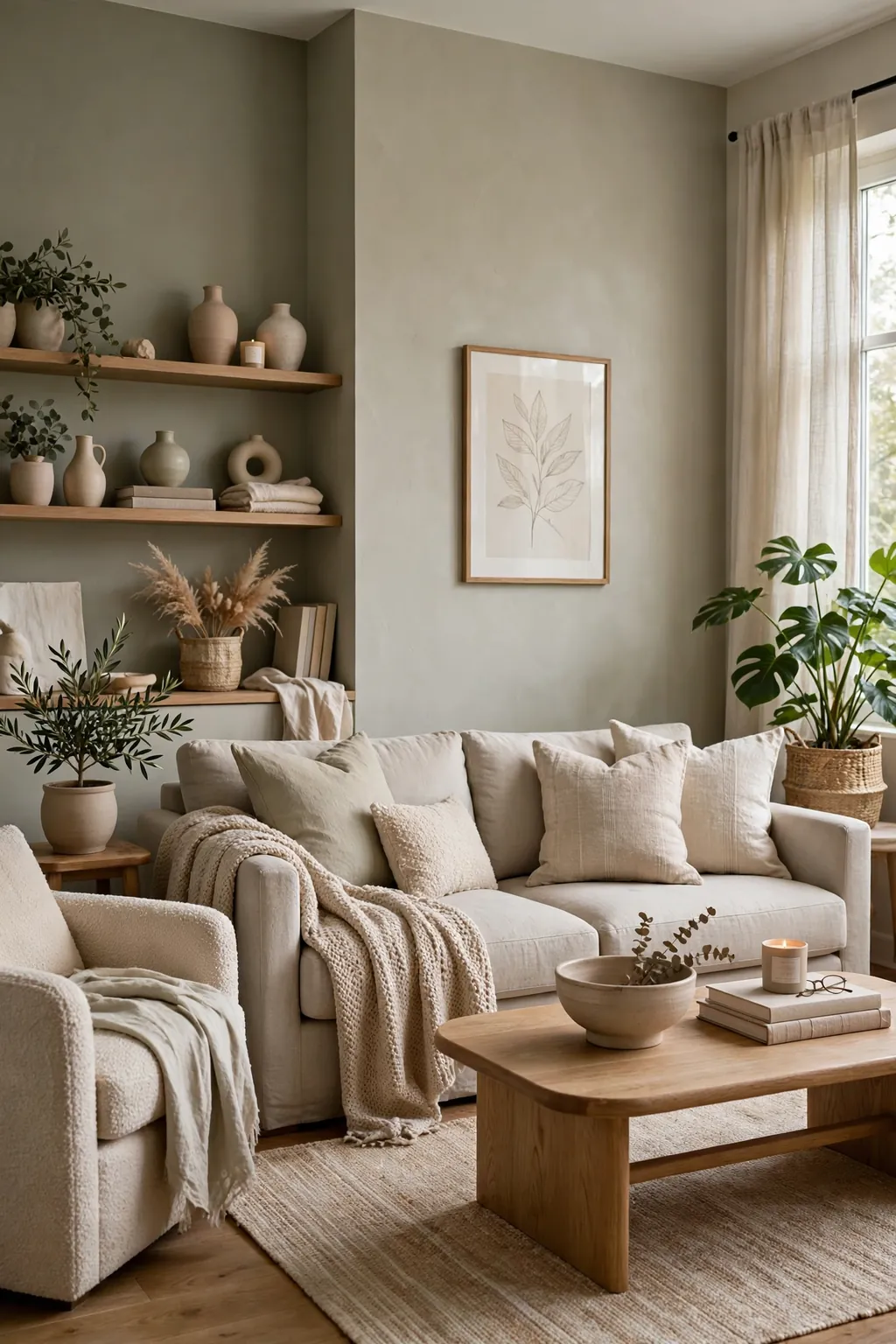 Living room with sage greige walls and neutral furniture
