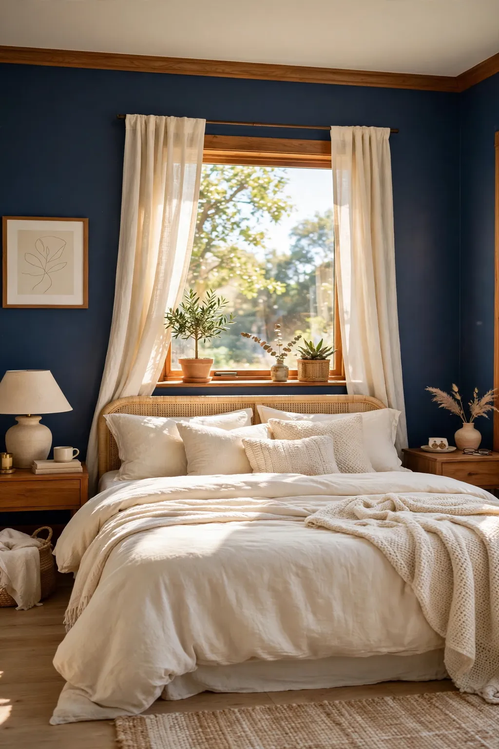 Sunny bedroom with warm navy blue walls and cream bedding