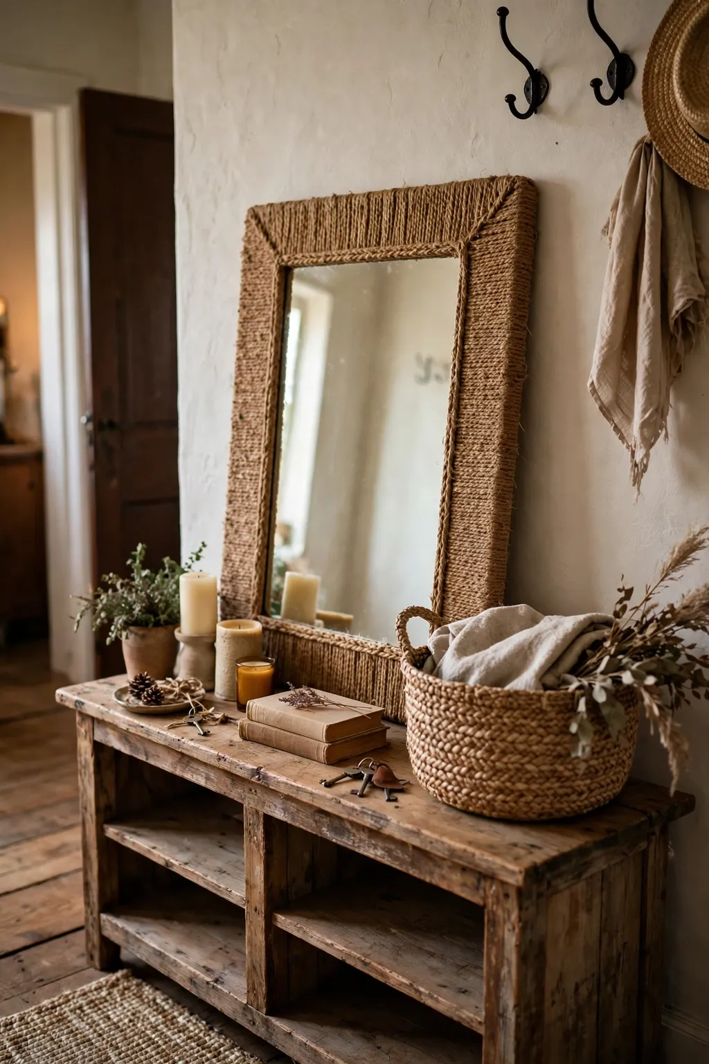 Thrifted rectangular mirror wrapped in a woven jute fabric frame on a hallway console