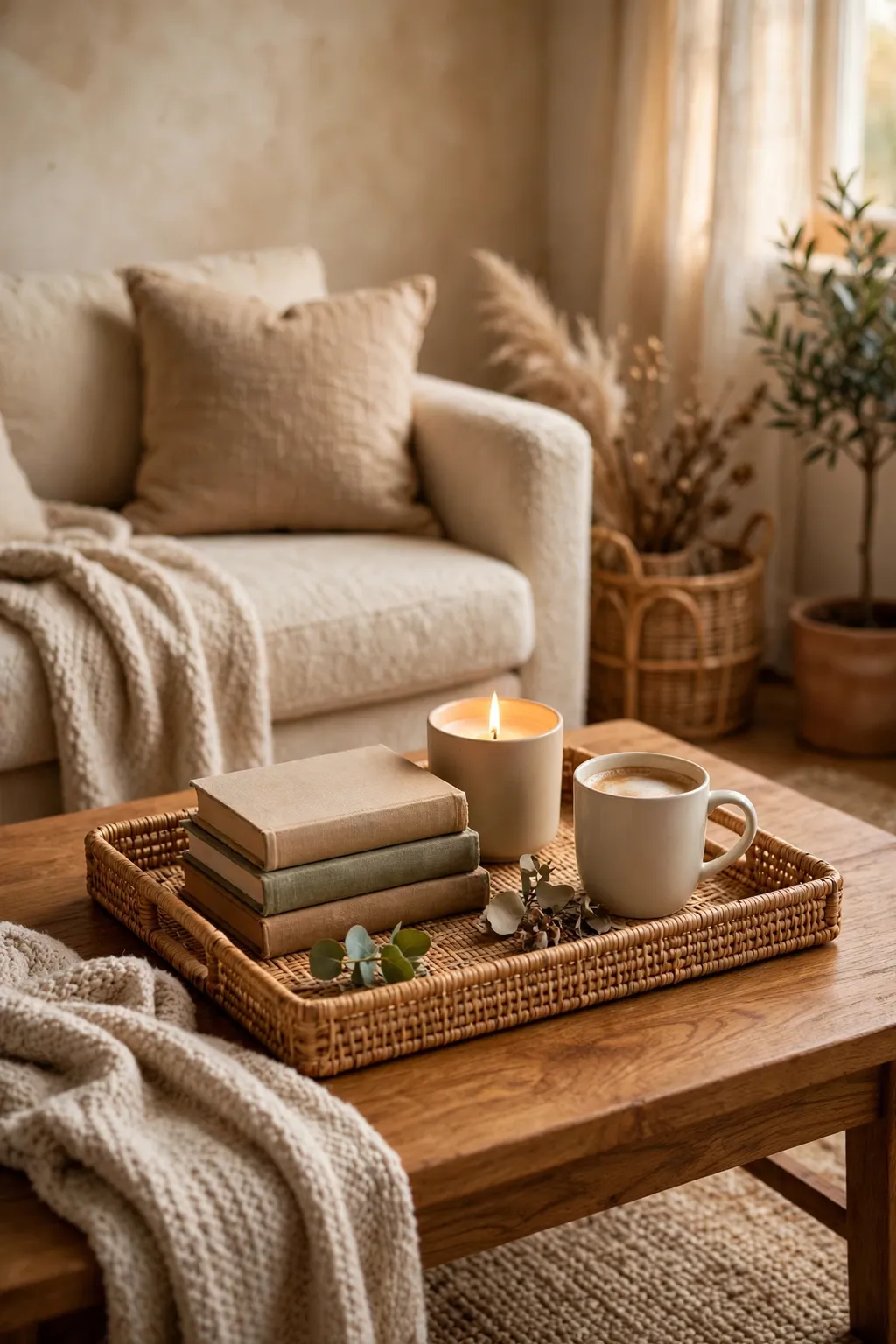 Coffee table tray styled with a candle, books and a mug in a small living room