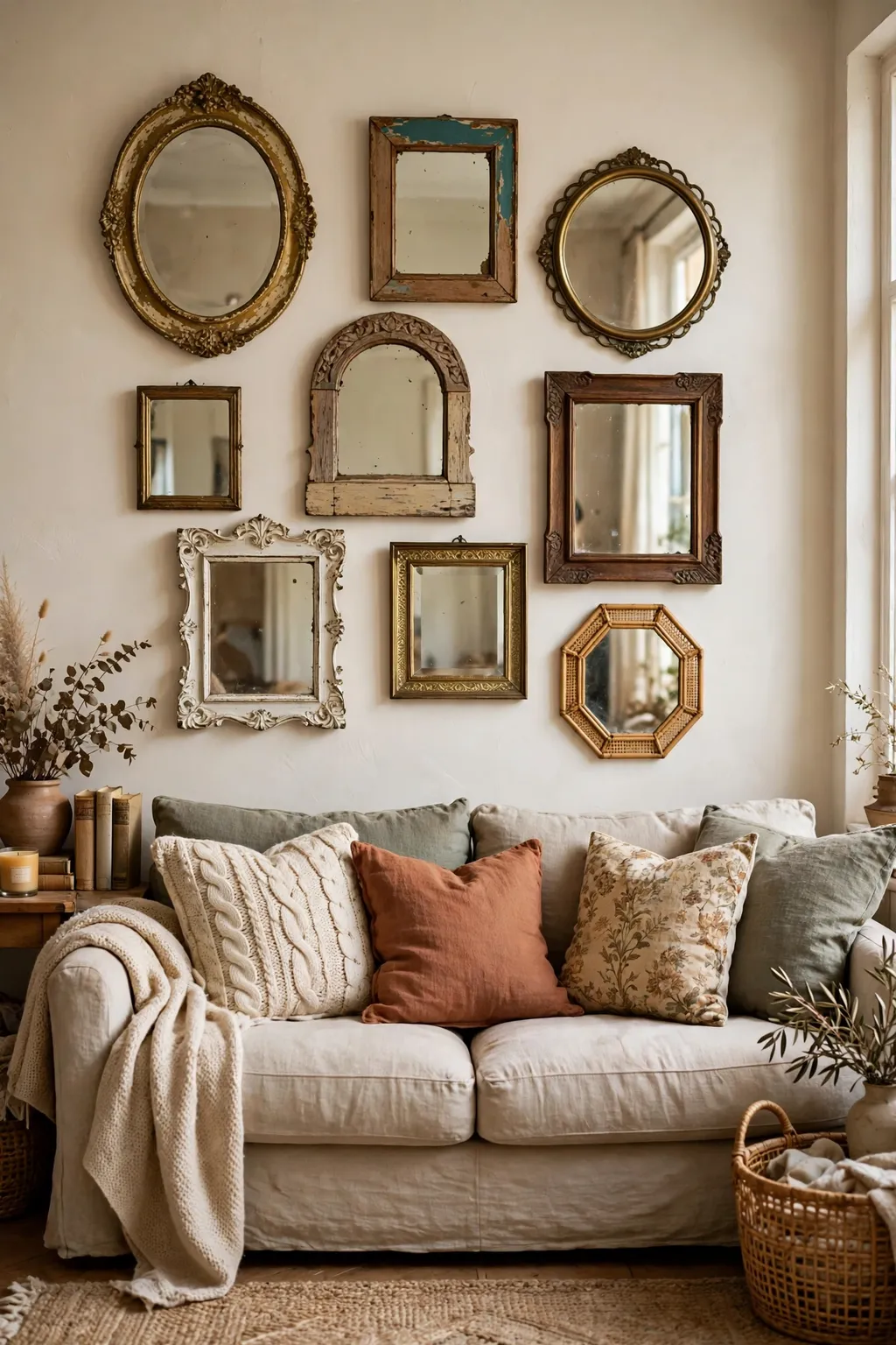 Gallery wall of small thrifted mirrors in mixed vintage frames above a sofa