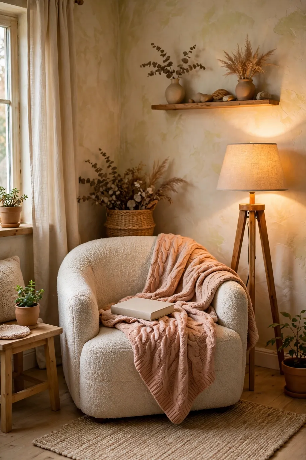 Cozy reading corner with an armchair, floor lamp and blanket in a small living room