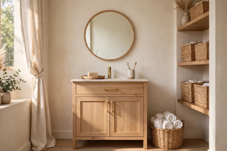 Tidy organized bathroom with a wooden vanity, round mirror, rolled towels in a basket and woven storage baskets on shelves