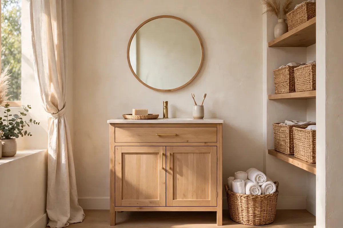 Tidy organized bathroom with a wooden vanity, round mirror, rolled towels in a basket and woven storage baskets on shelves