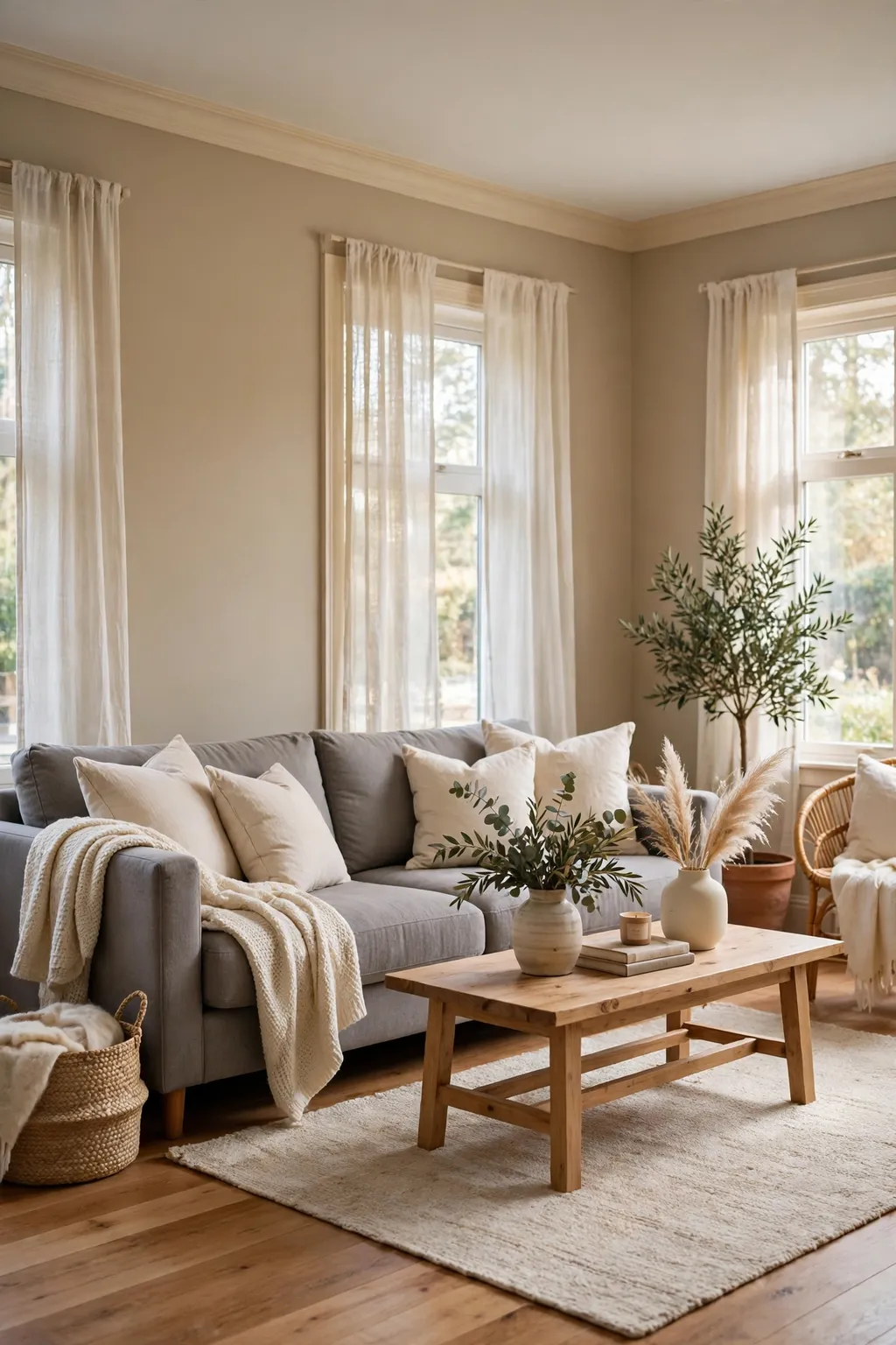 Living room painted warm greige beige with a grey sofa, warm white trim and natural wood floors