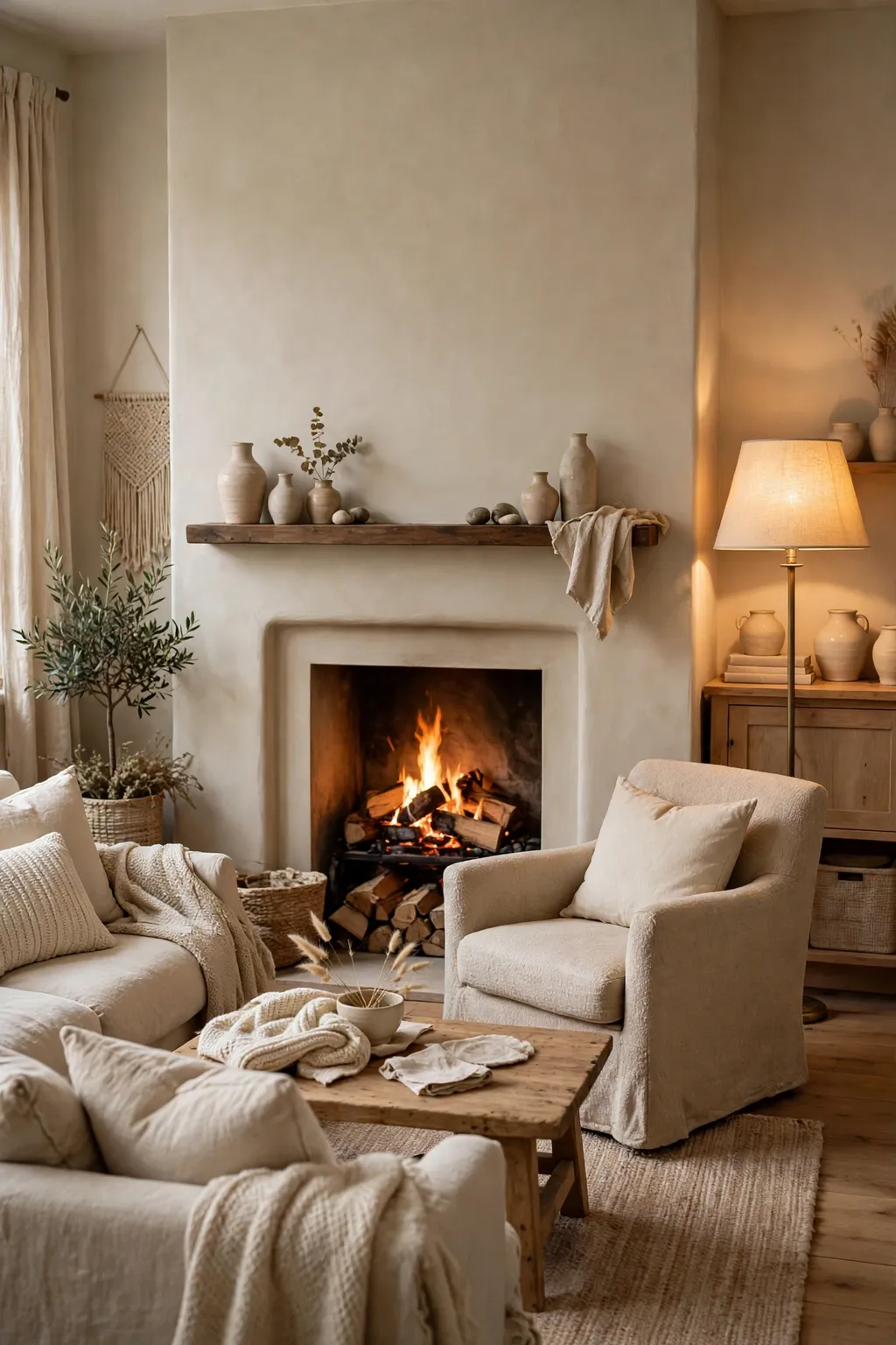 Living room with a soft oatmeal beige fireplace wall, cozy seating and a warm fire