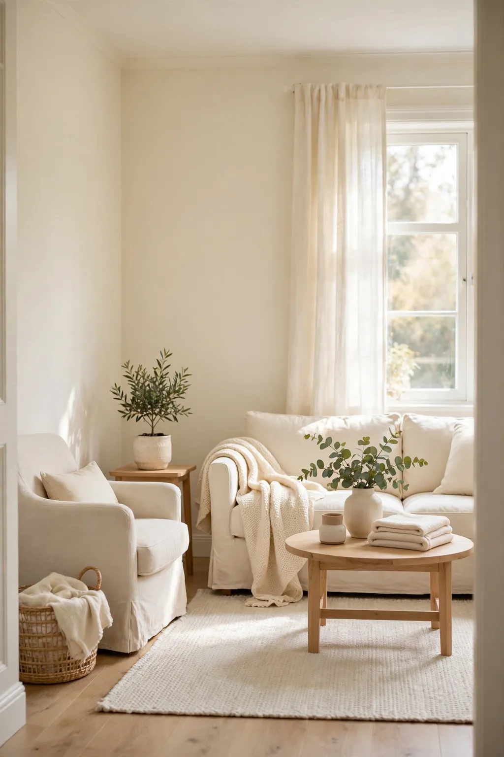 Bright small living room painted creamy ivory beige with soft daylight and cream furniture