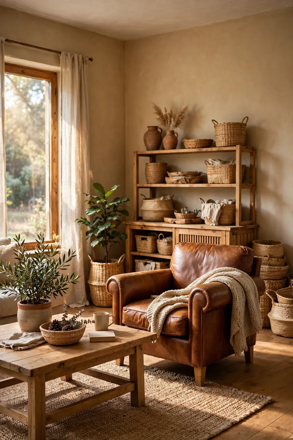 Living room painted sandy beige with natural wood furniture, woven baskets and warm daylight