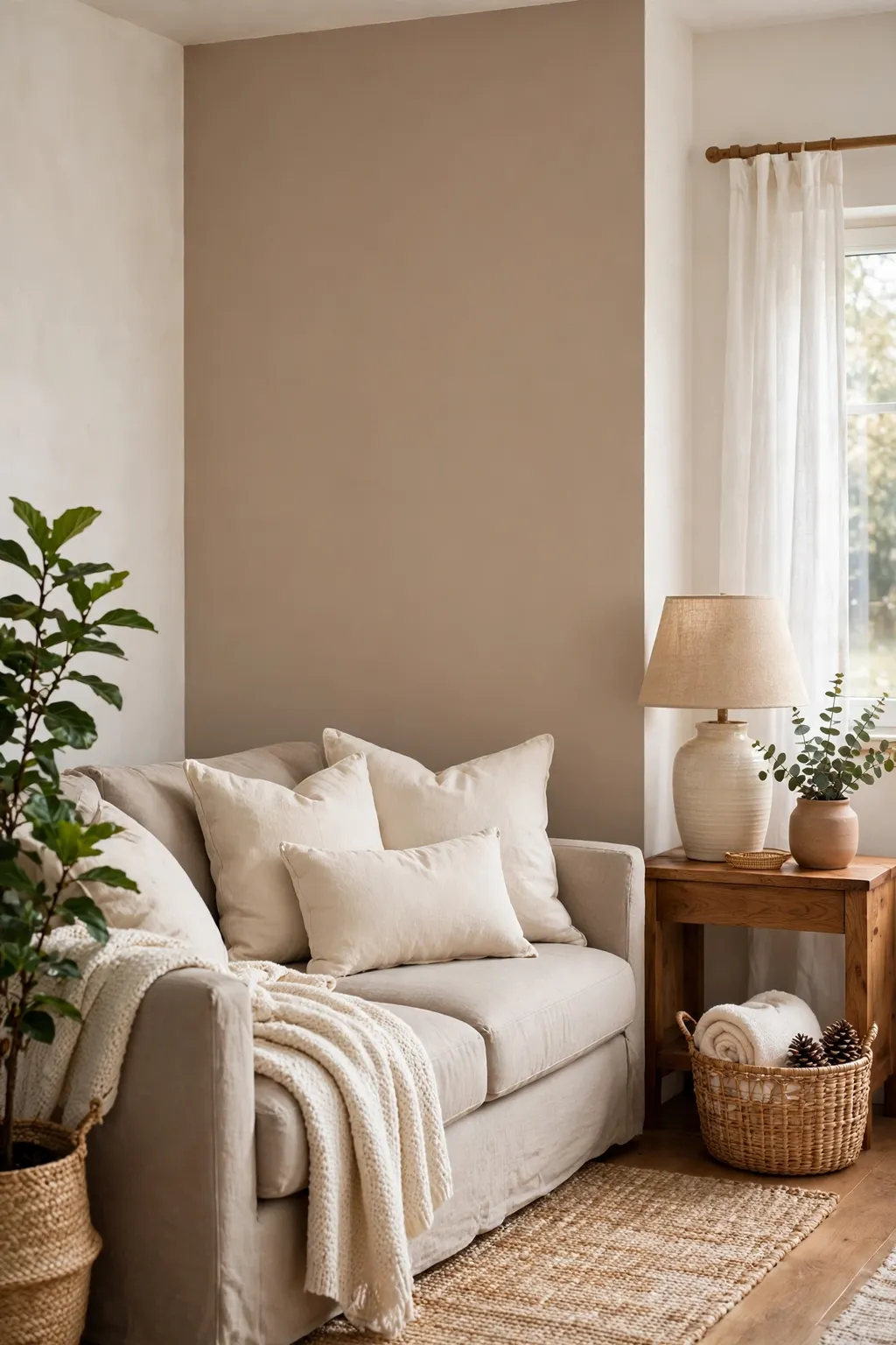 Living room with a mushroom taupe beige accent wall behind a sofa and warm white walls