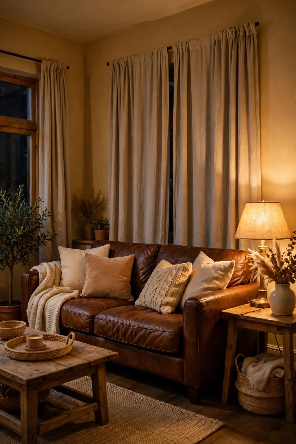 Living room painted honey beige with a leather sofa, warm lamp and soft cushions