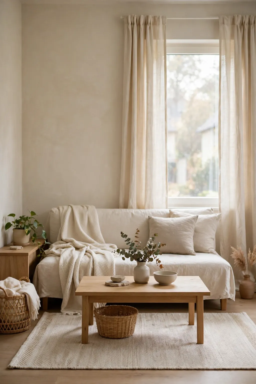 Small living room painted linen beige with cream curtains, a light rug and simple furniture