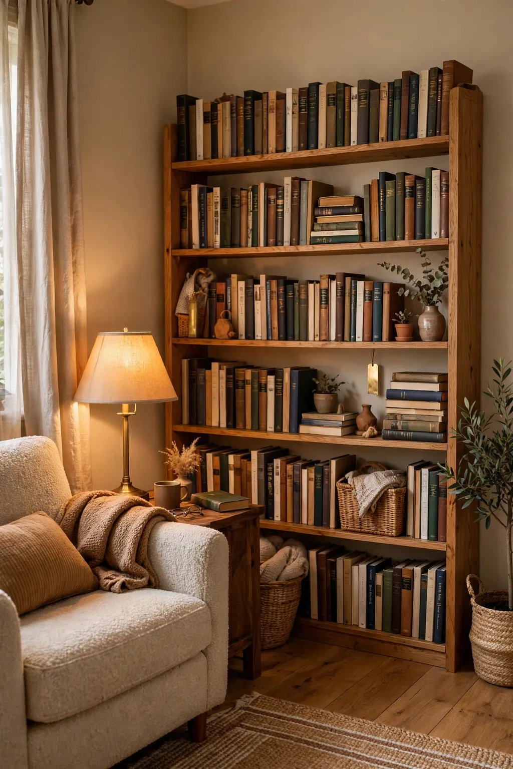 Reading corner painted almond beige with wooden bookshelves, an armchair and a warm lamp