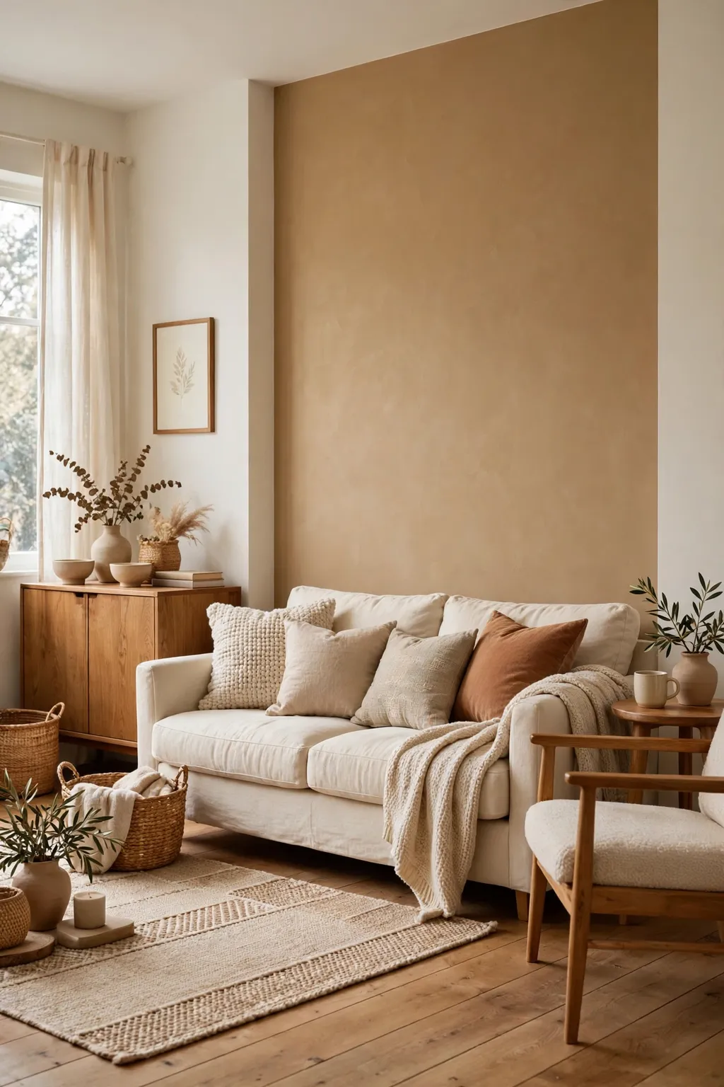 Living room with a camel beige accent wall behind a cream sofa and warm wood furniture