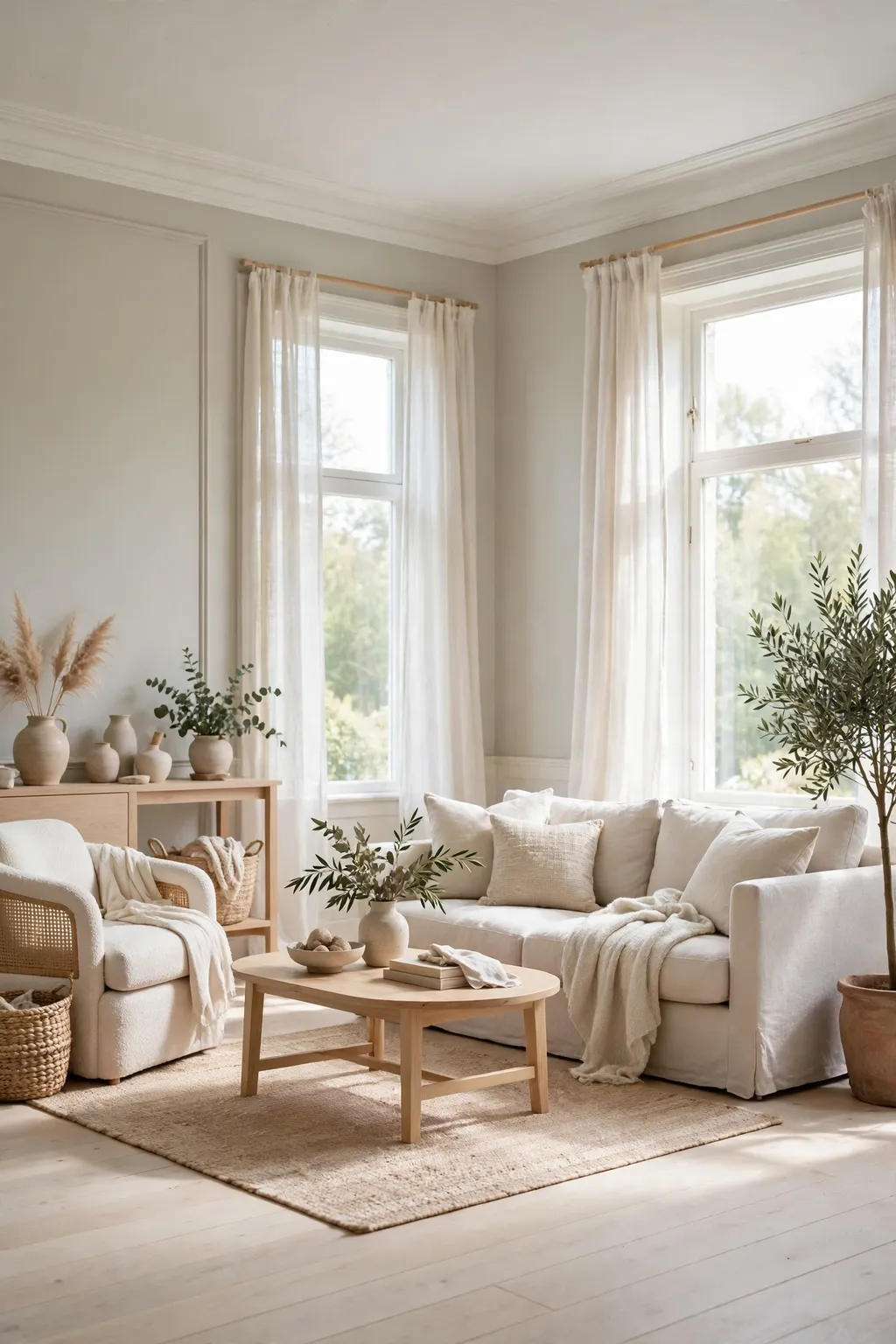 Airy living room painted pale stone beige with warm white trim and pale wood floors