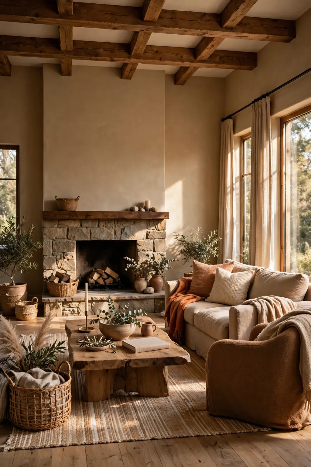 Living room painted warm tan beige with wood ceiling beams and cozy seating by a fireplace