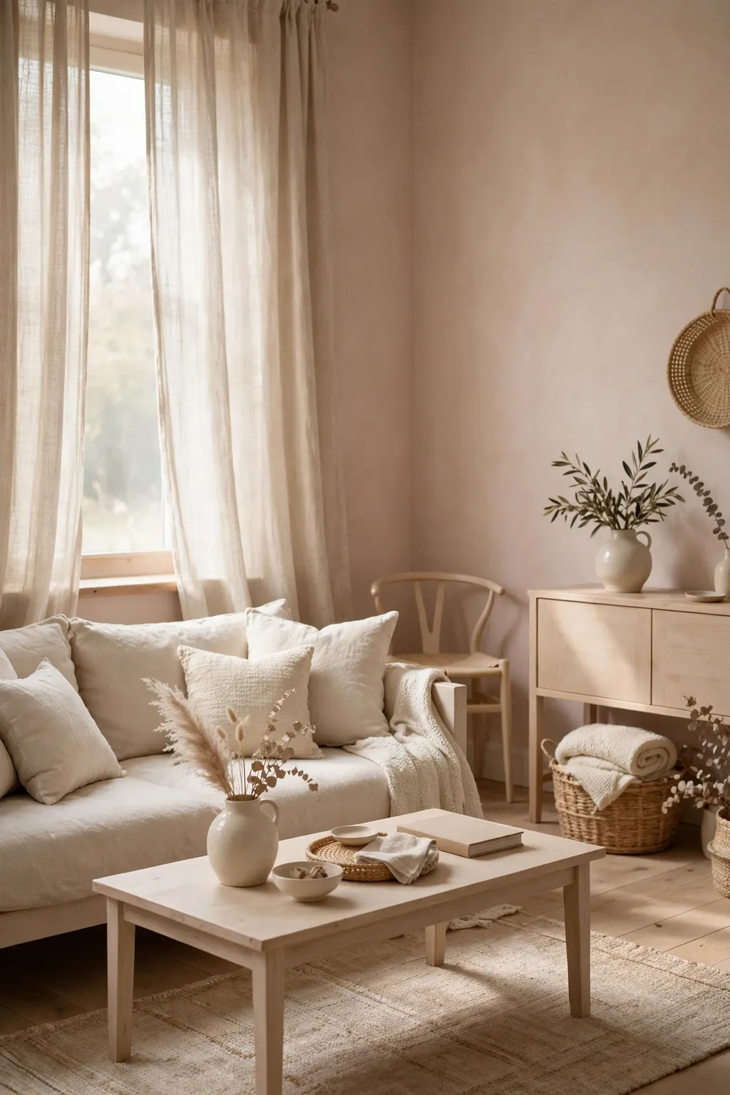 Living room painted blush beige with cream cushions, linen curtains and pale wood furniture
