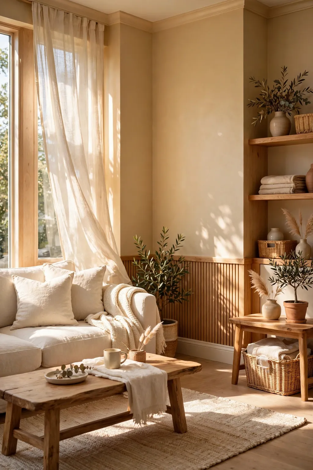 Sunlit living room painted golden beige with warm white trim and cream textiles