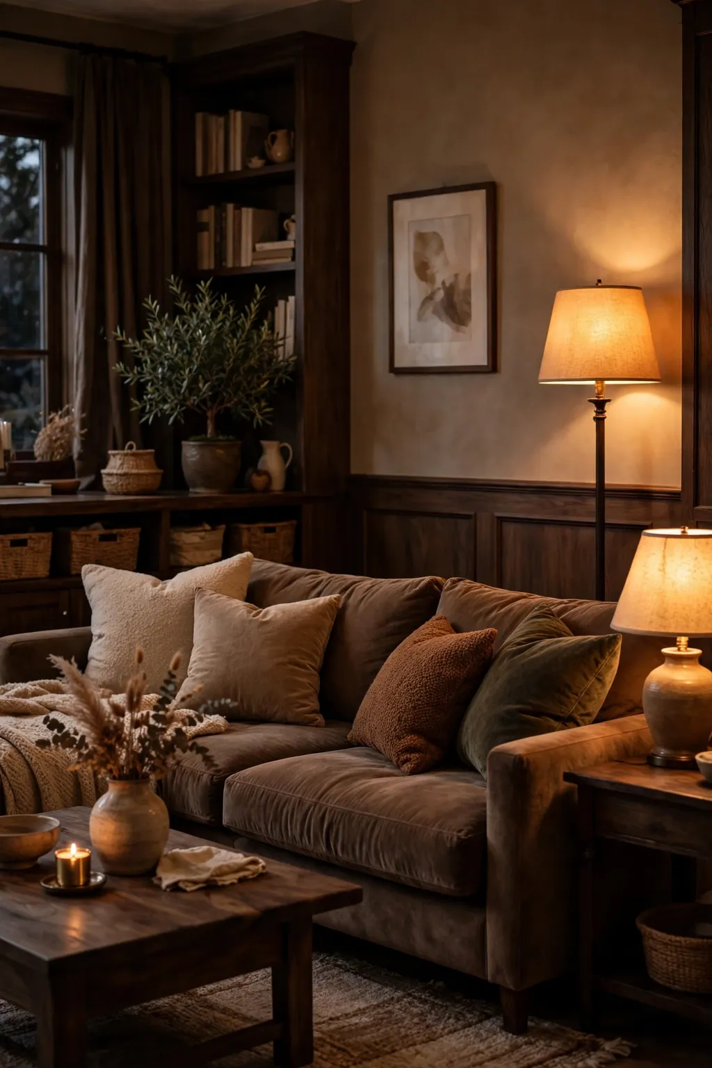 Cozy evening living room painted mocha beige with warm lamps and deep soft cushions
