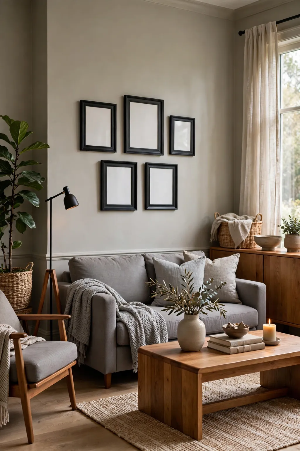 Living room painted putty beige with a grey sofa, black picture frames and warm wood furniture