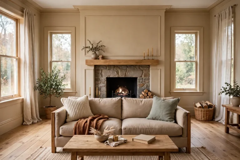 Cozy living room with warm beige walls, a sofa and a fireplace in the center