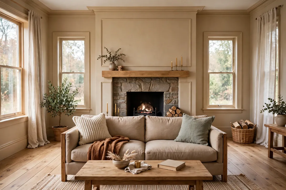 Cozy living room with warm beige walls, a sofa and a fireplace in the center