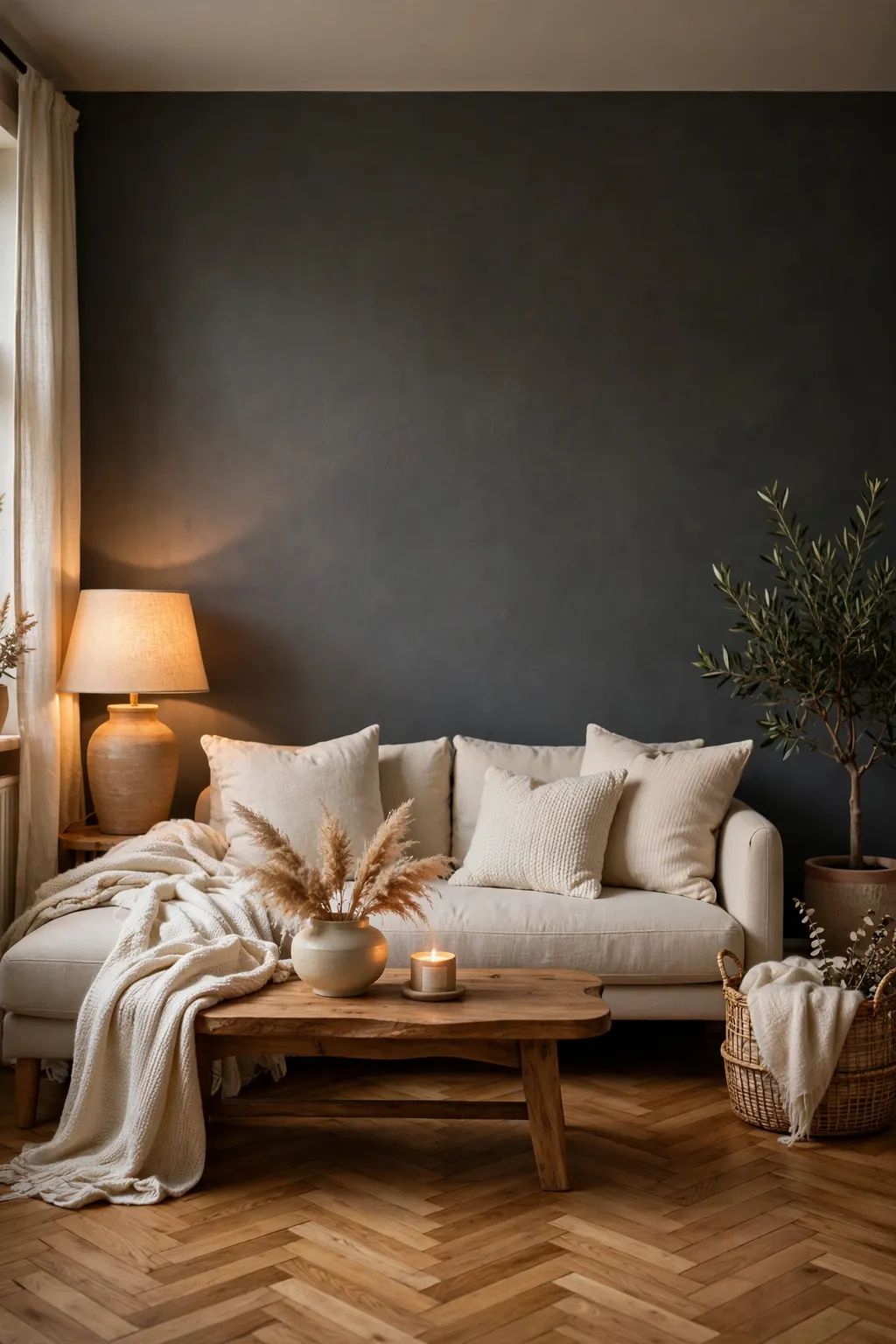 Living room with a classic matte charcoal accent wall behind a sofa, cream cushions and warm wood floors